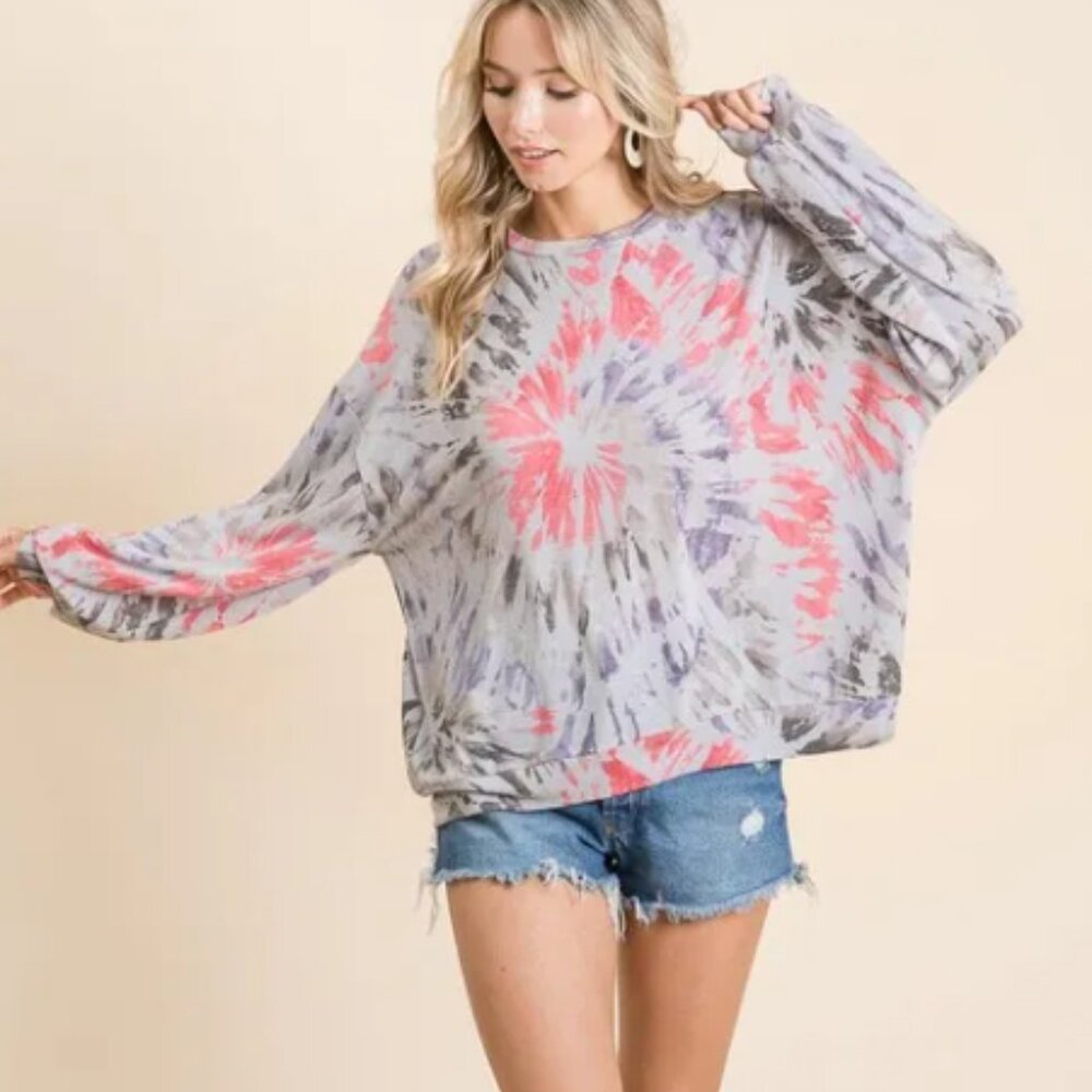 BiBi Gray Tie-Dye Oversized Sweatshirt with Pink and Purple Burst